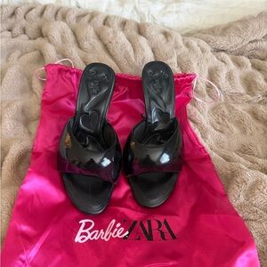 Zara Black Patent Slide Mules with Barbie Dust Bag